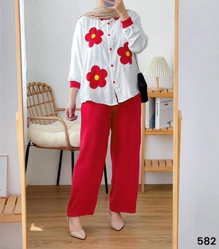 Flower Quarter Sleeved Linen Set - Limited Stock