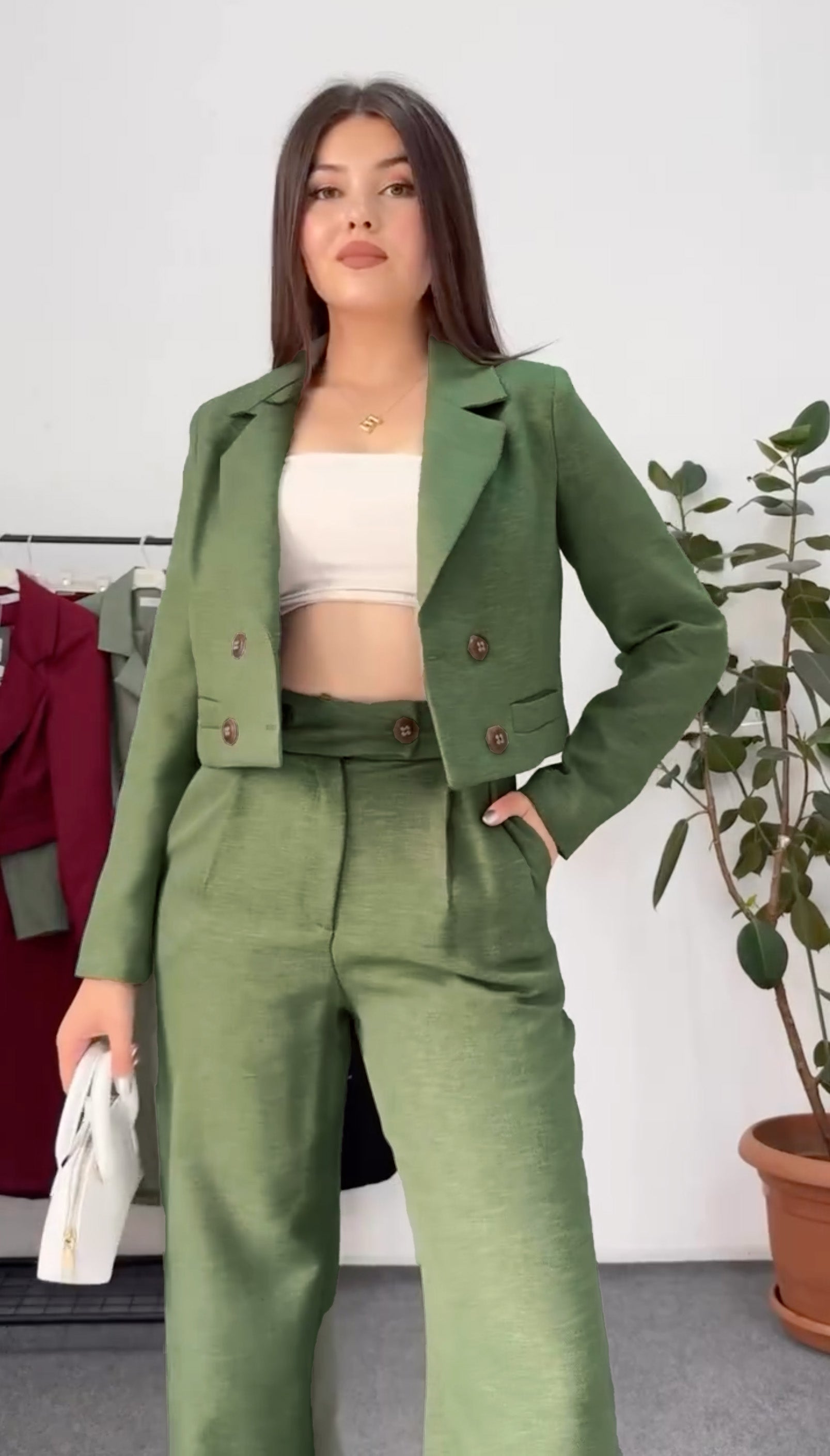 Women’s French Cropped Blazer Set - Linen Fabric